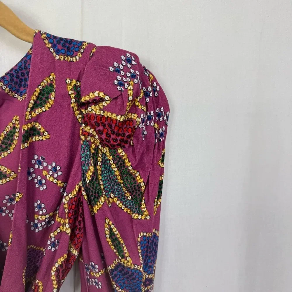 NEW Farm Rio Multicolor Floral Sequin V-Neck Long Puff Sleeve Wrap Blouse XS